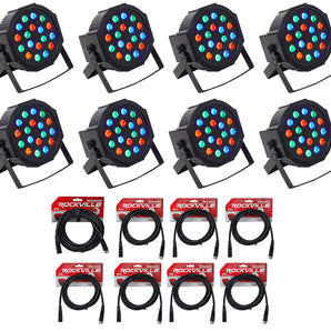 (8) Rockville RockPAR50 LED RGB Compact Par Can DJ/Club DMX Wash Lights+Cables