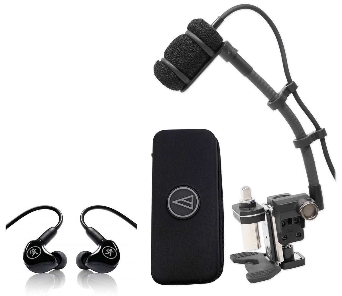 ATM350D Mic w/ Gooseneck + Drum Mount + Mackie In-Ear Monitors