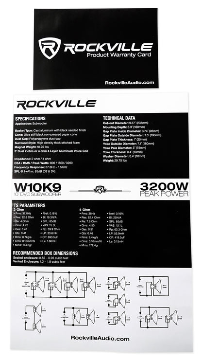 Rockville W10K9D2 10"  3200w Car Audio Subwoofer Dual 2-Ohm Sub CEA Compliant
