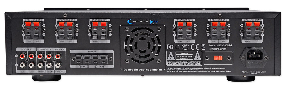 Technical Pro H12X500UBT 6000w 6-Zone 12-Speaker Home Theater Bluetooth Receiver