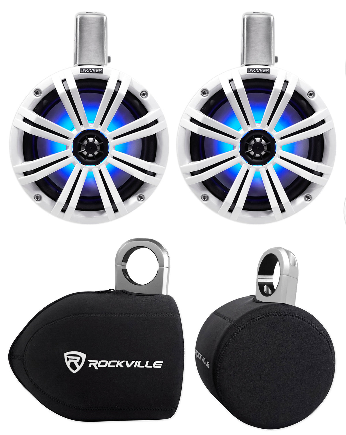 45KMTC8W 8" 600W Marine Wakeboard Tower Speakers w/LED's + RWBC80 Neoprene Covers
