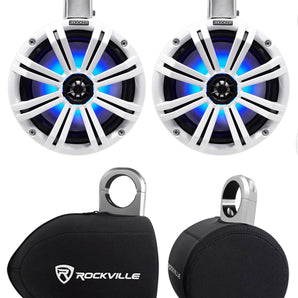 2) KICKER 45KMTC8W 8" 600w Marine Wakeboard Tower Speakers w/LED's+Covers KMTC8