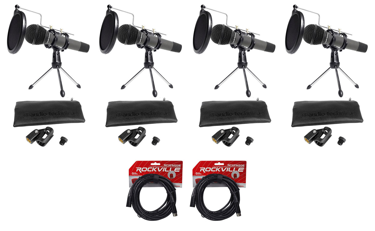 (4) ATM510 Podcast Microphones + Stands + Pop Filters