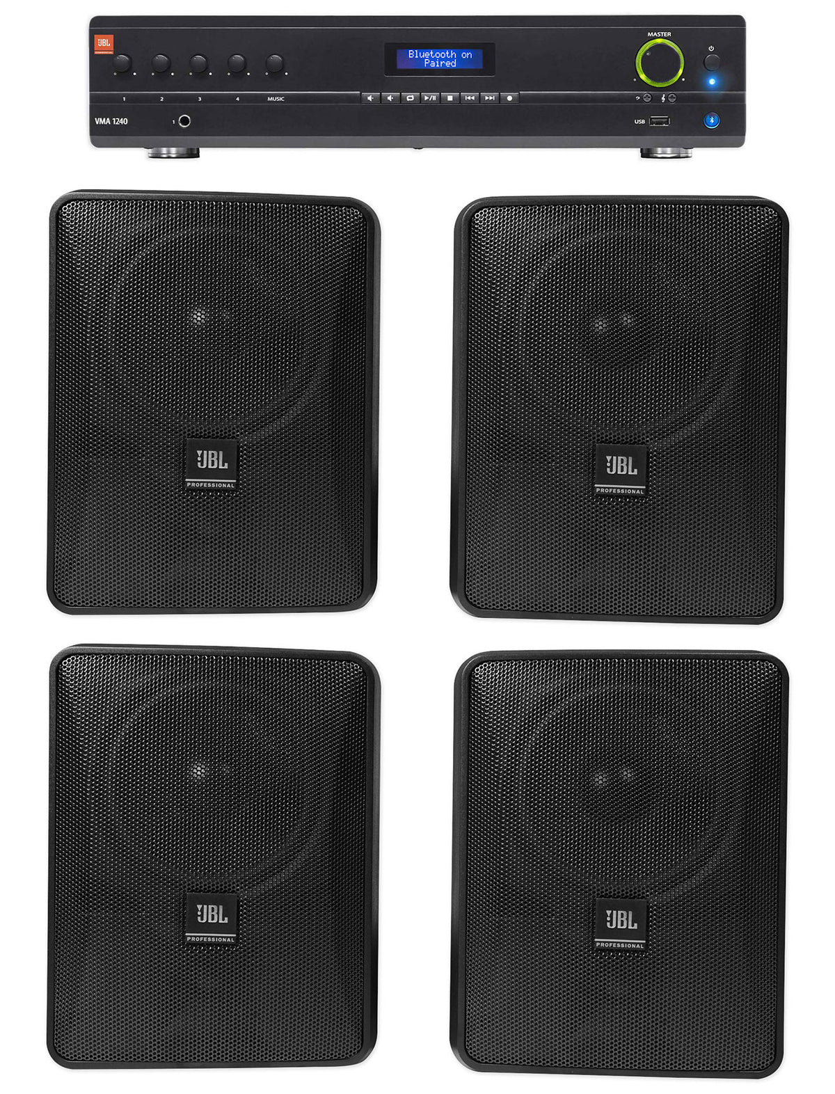 JBL VMA1240 Commercial/Restaurant 240W 70v Amplifier+(4) JBL Black Wall Speakers