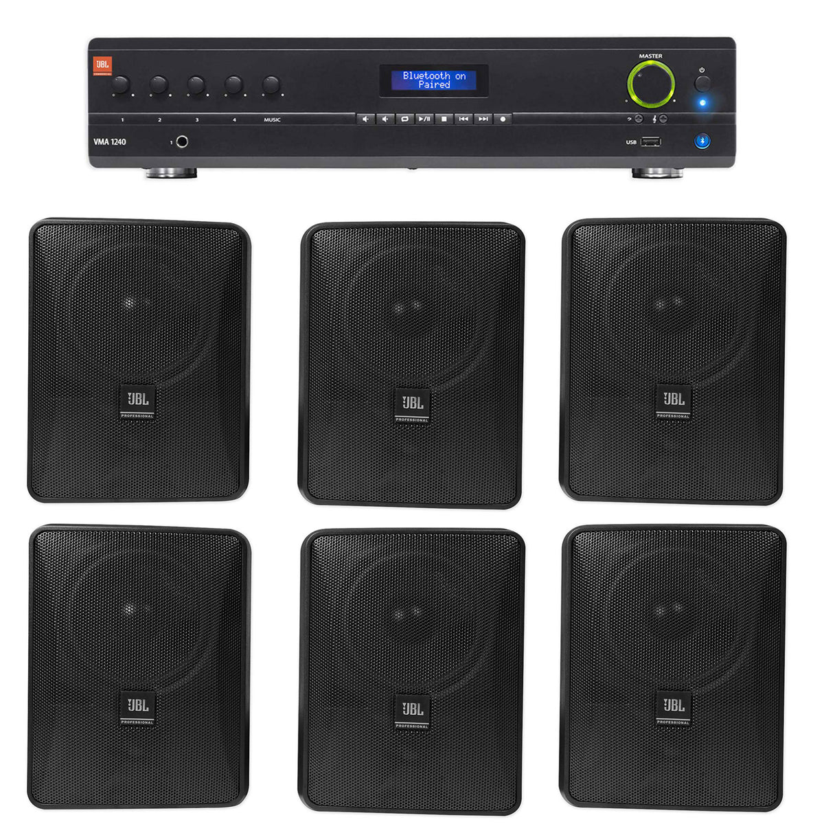 JBL VMA1240 Commercial/Restaurant 240W 70v Amplifier+(6) JBL Black Wall Speakers