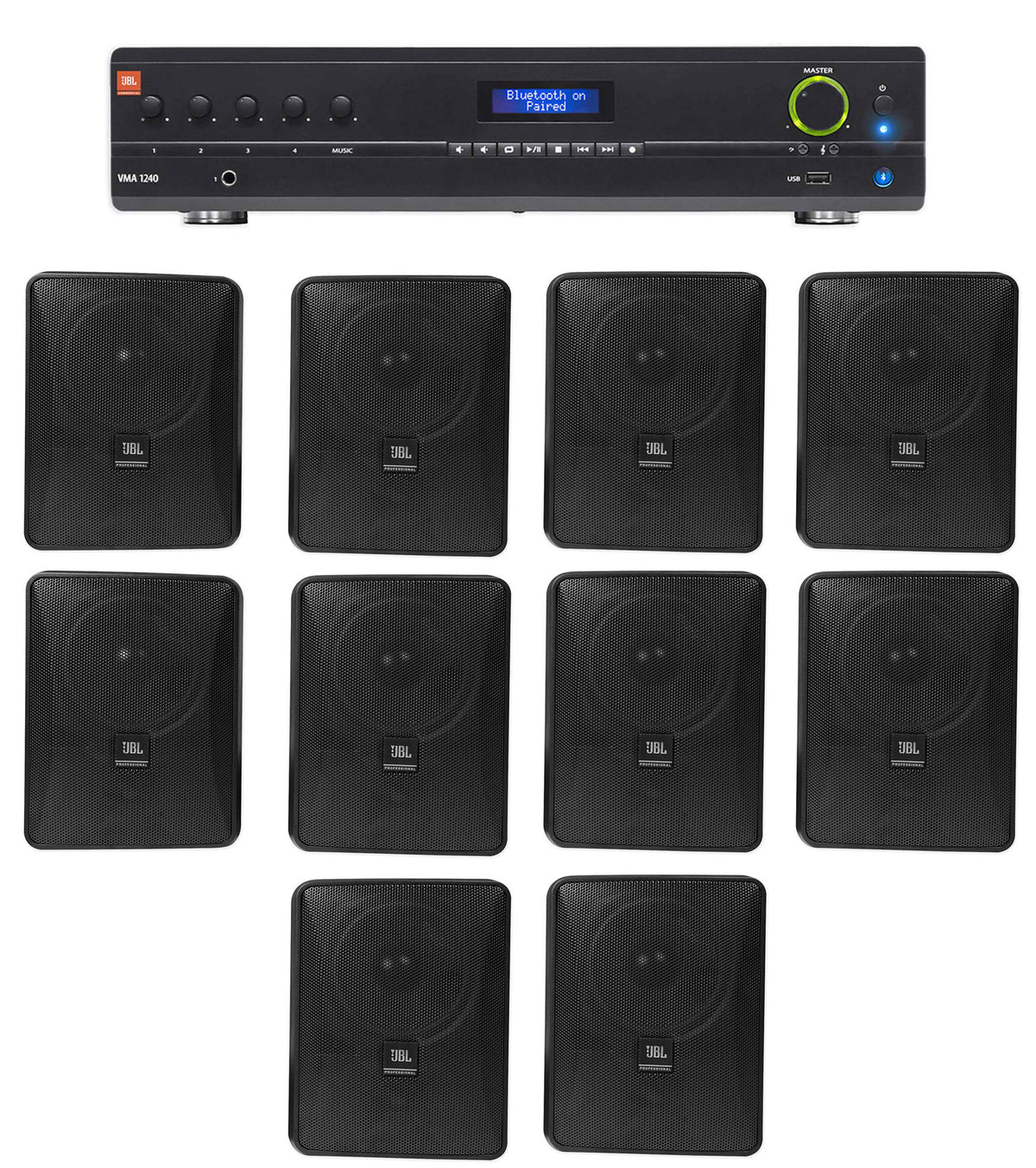 JBL VMA1240 Commercial/Restaurant 240W 70v Amplifier+10) JBL Black Wall Speakers