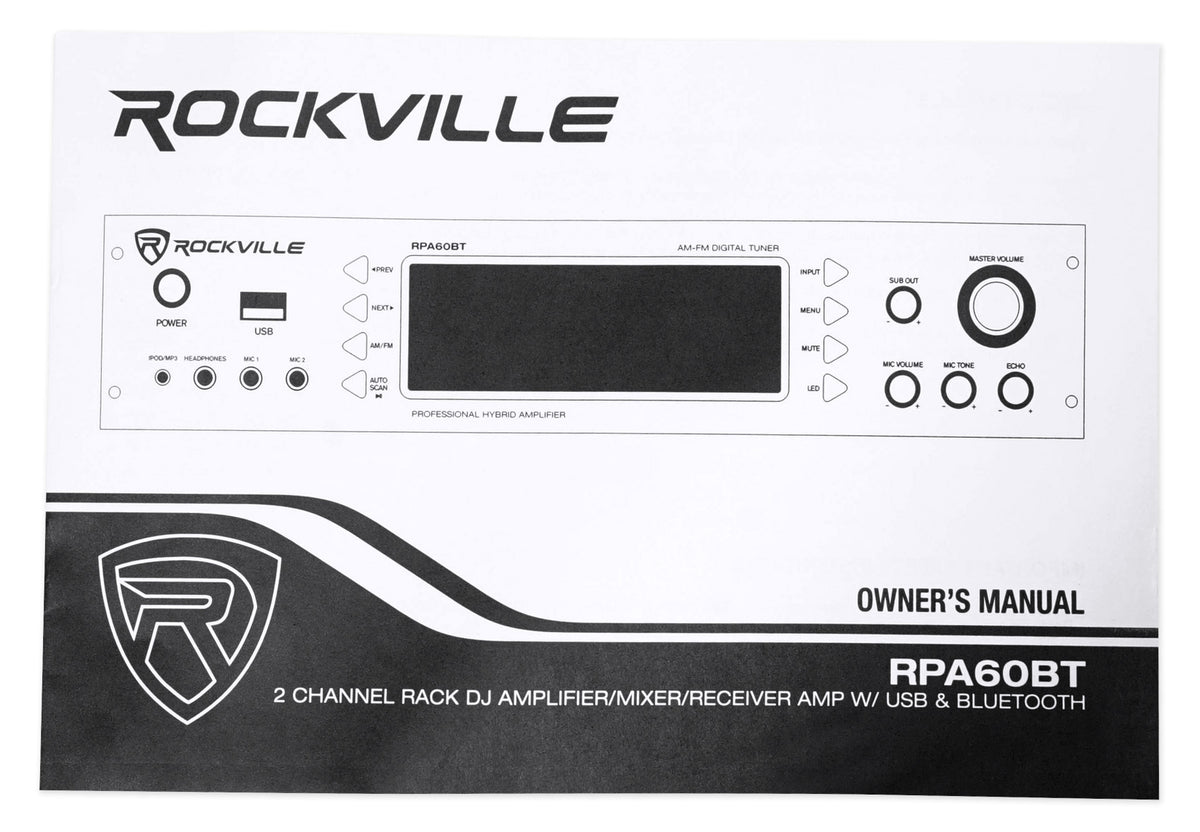 Rockville RPA60BT 19" 1000w 2-Ch USB Bluetooth DJ/Pro/Karaoke Amplifier Mixer