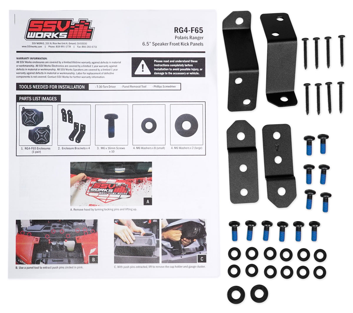 Bluetooth Receiver + 6.5" Speakers + Kick Panel Pods for 2018 Polaris Ranger XP1000