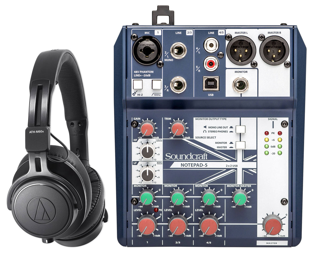 ATH-M60X Studio Headphones + Soundcraft Notepad-5 Mixer w/ USB Interface