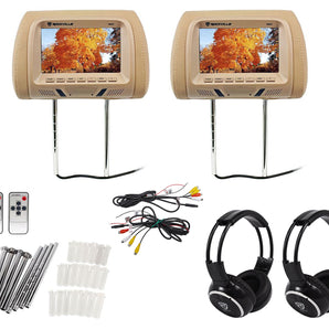 Pair Rockville RHP7-BG 7” Beige LCD Car Headrest Monitors + 2 Wireless Headsets