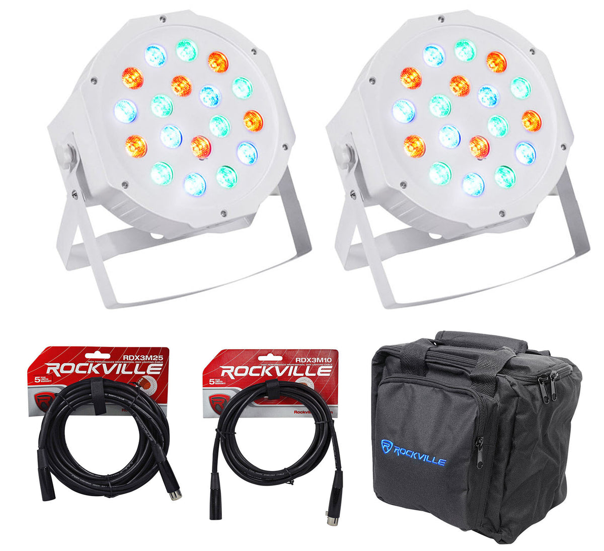 (2) RockPAR50 WHT LED RGB Par Can DJ/Club DMX Wash Lights + Bags + Cables