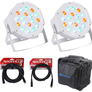 (2) Rockville RockPAR50 WHT LED RGB Par Can DJ/Club DMX Wash Lights+Bags+Cables