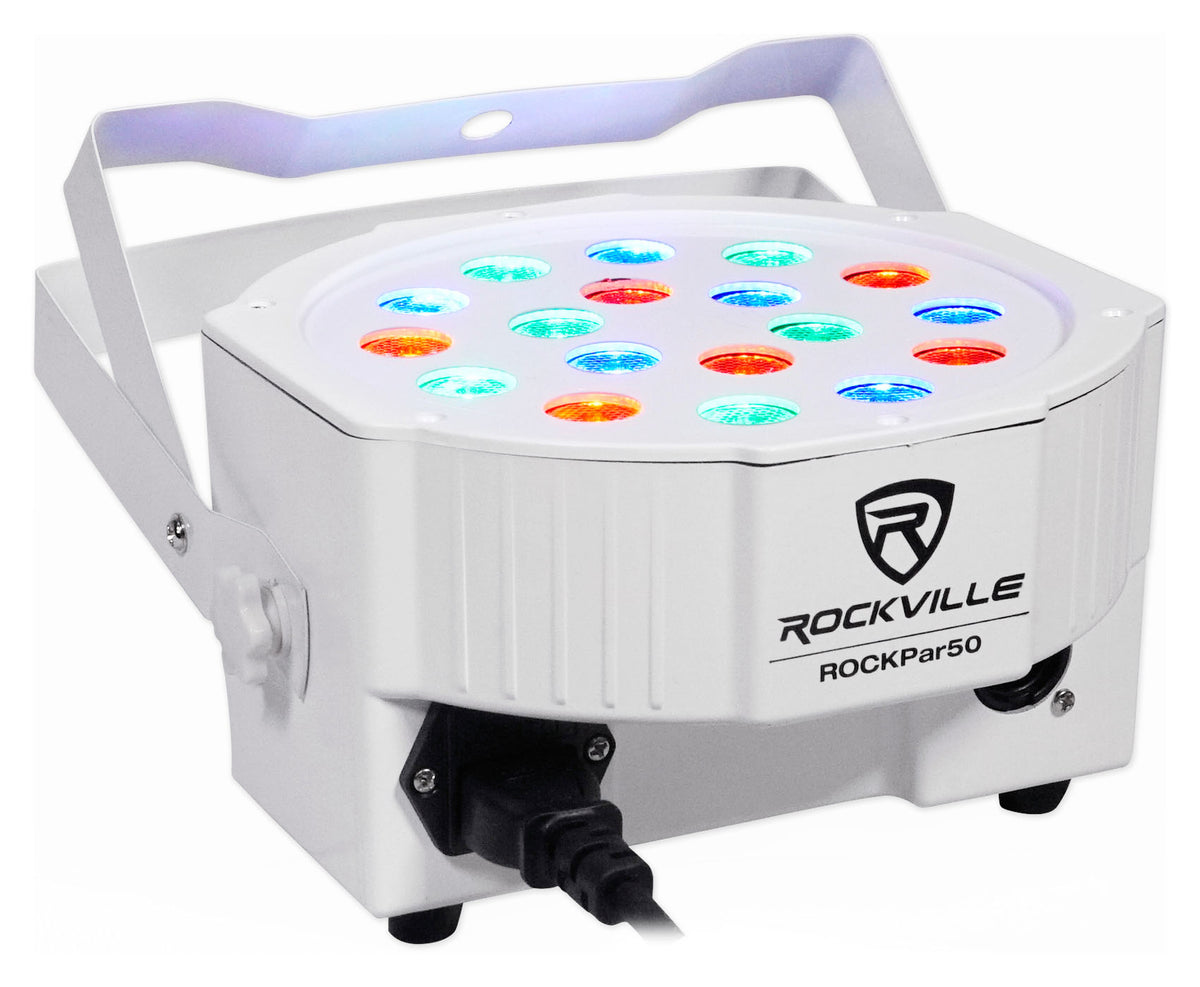 (2) RockPAR50 WHT LED RGB Par Can DJ/Club DMX Wash Lights + Bags + Cables