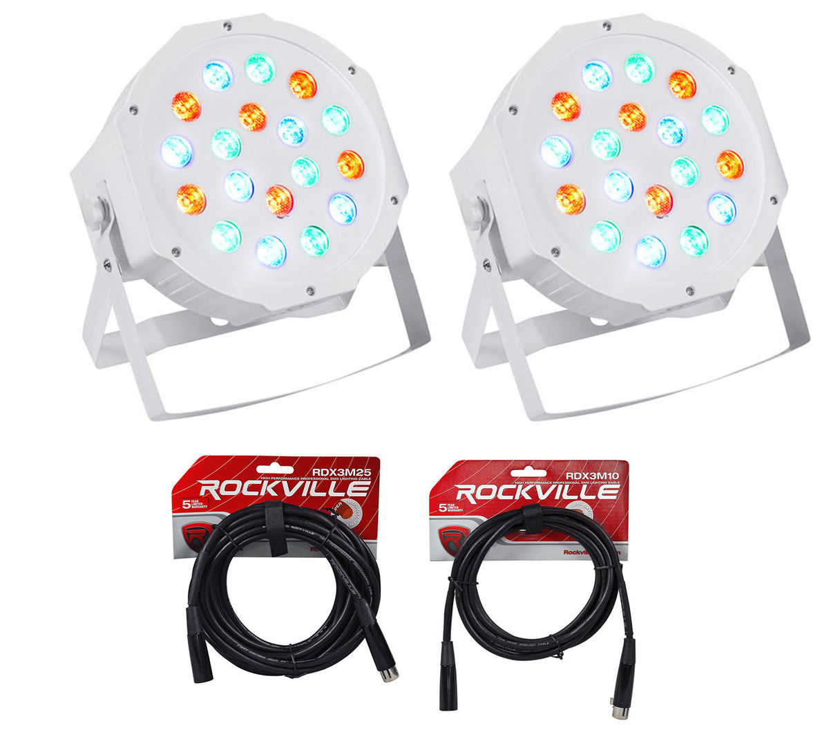 (2) RockPAR50 WHT LED RGB Par Can DJ/Club DMX Wash Lights + Cables