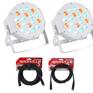 (2) Rockville RockPAR50 WHT LED RGB Par Can DJ/Club DMX Wash Lights+Cables