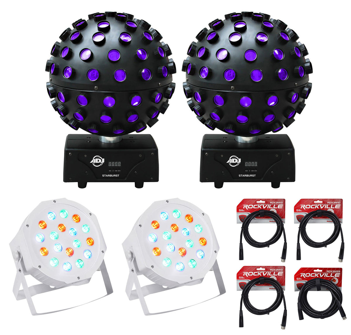 (2) Starburst LED Spheres + (2) RockPAR50 White Par Lights + DMX Cables