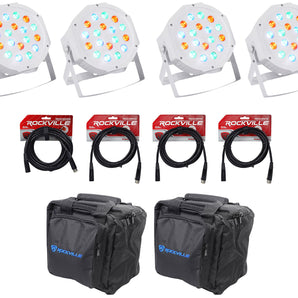 (4) Rockville RockPAR50 WHT LED RGB Par Can DJ/Club DMX Wash Lights+Cables+Bags