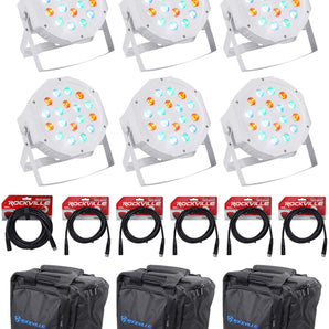 (6) Rockville RockPAR50 WHT LED RGB Par Can DJ/Club DMX Wash Lights+Cables+Bags