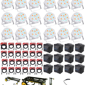 (24) Rockville RockPAR50 WHT Par Can Wash Lights+DMX Controller+Cables+Bags+Cart