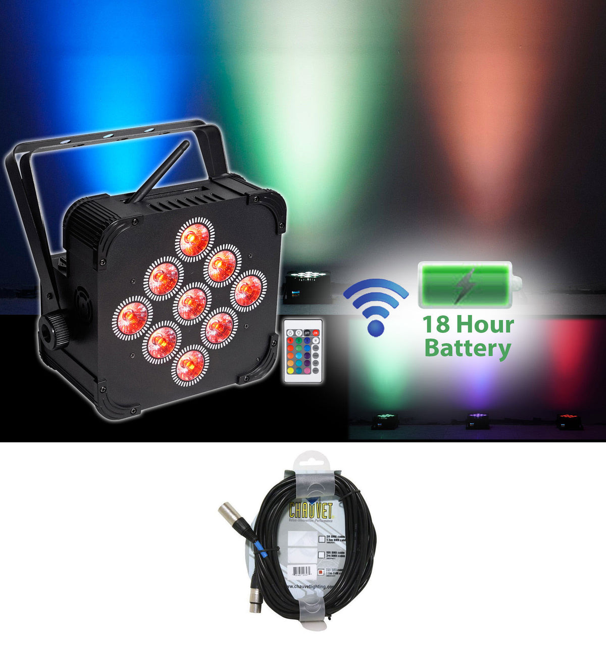 BEST PAR 60 RGBWA+UV Battery Powered Wireless Wash Par Light+DMX Cable