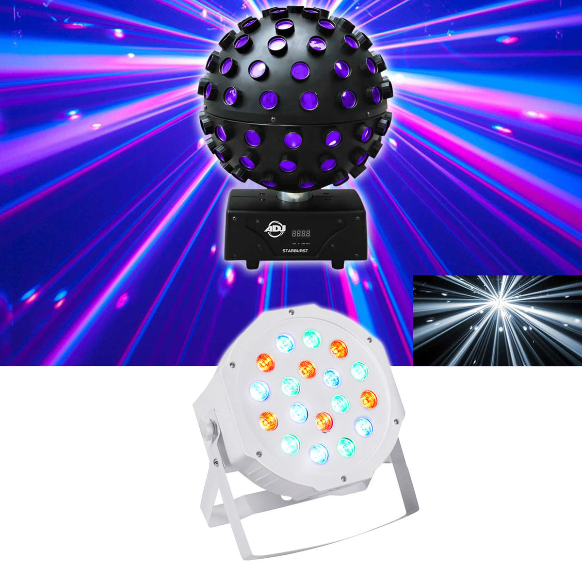Starburst LED Sphere Shooting Beam Lighting Effect + RockPAR50 Wash Light (White)