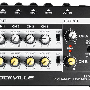 Rockville LINE8 8 Channel Line/Mic Mixer/Stereo/Mono/ Battery Operated or Adapter