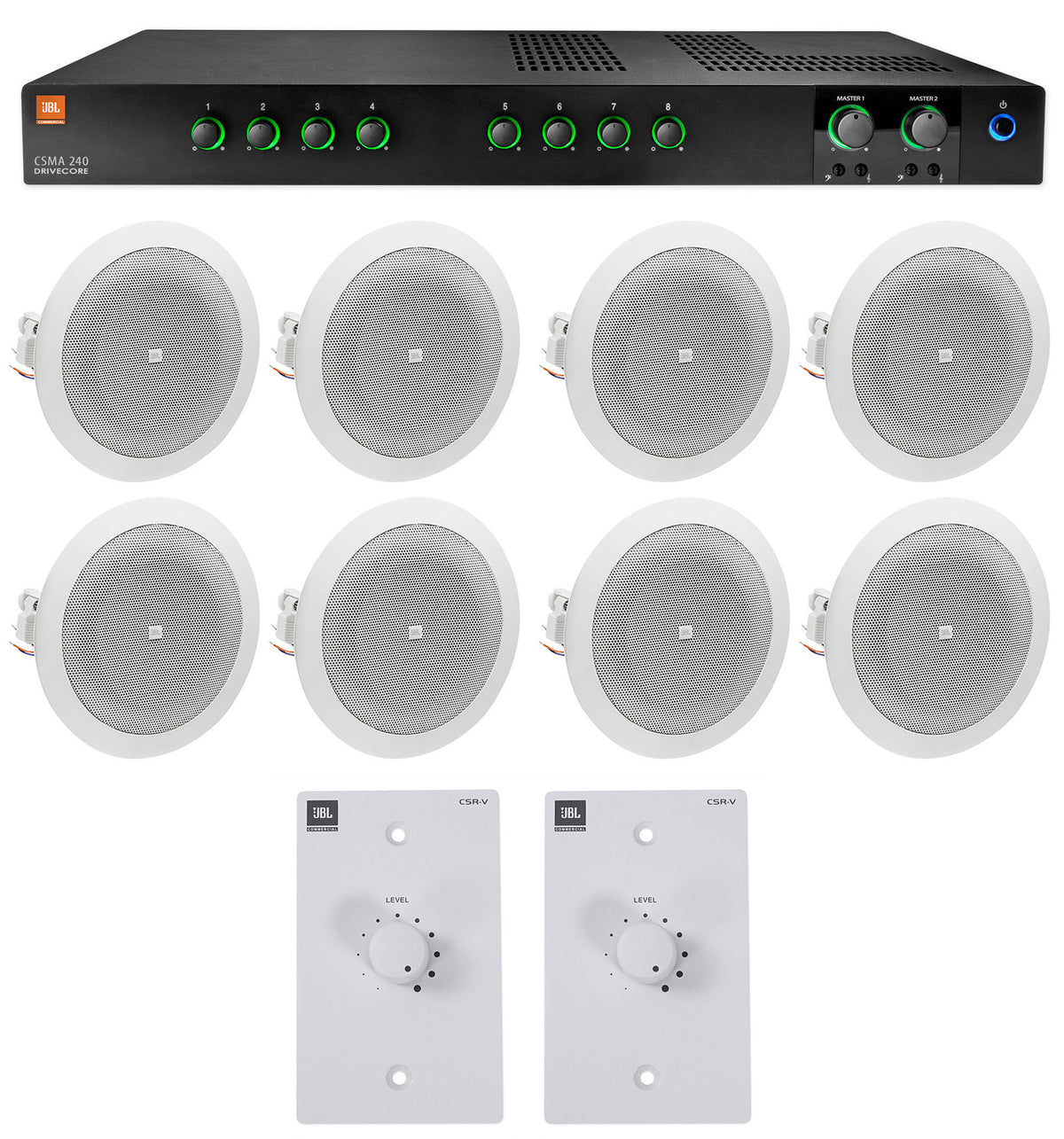 JBL CSMA240 Commercial Amplifier+(8) 4" In-Ceiling Speakers+White Wall Controls