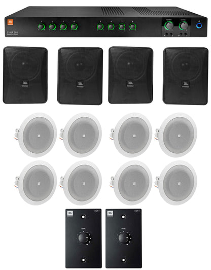 JBL Commercial Amplifier+4) 5.25" Black Wall+8) 4" Ceiing Speakers+Wall Controls