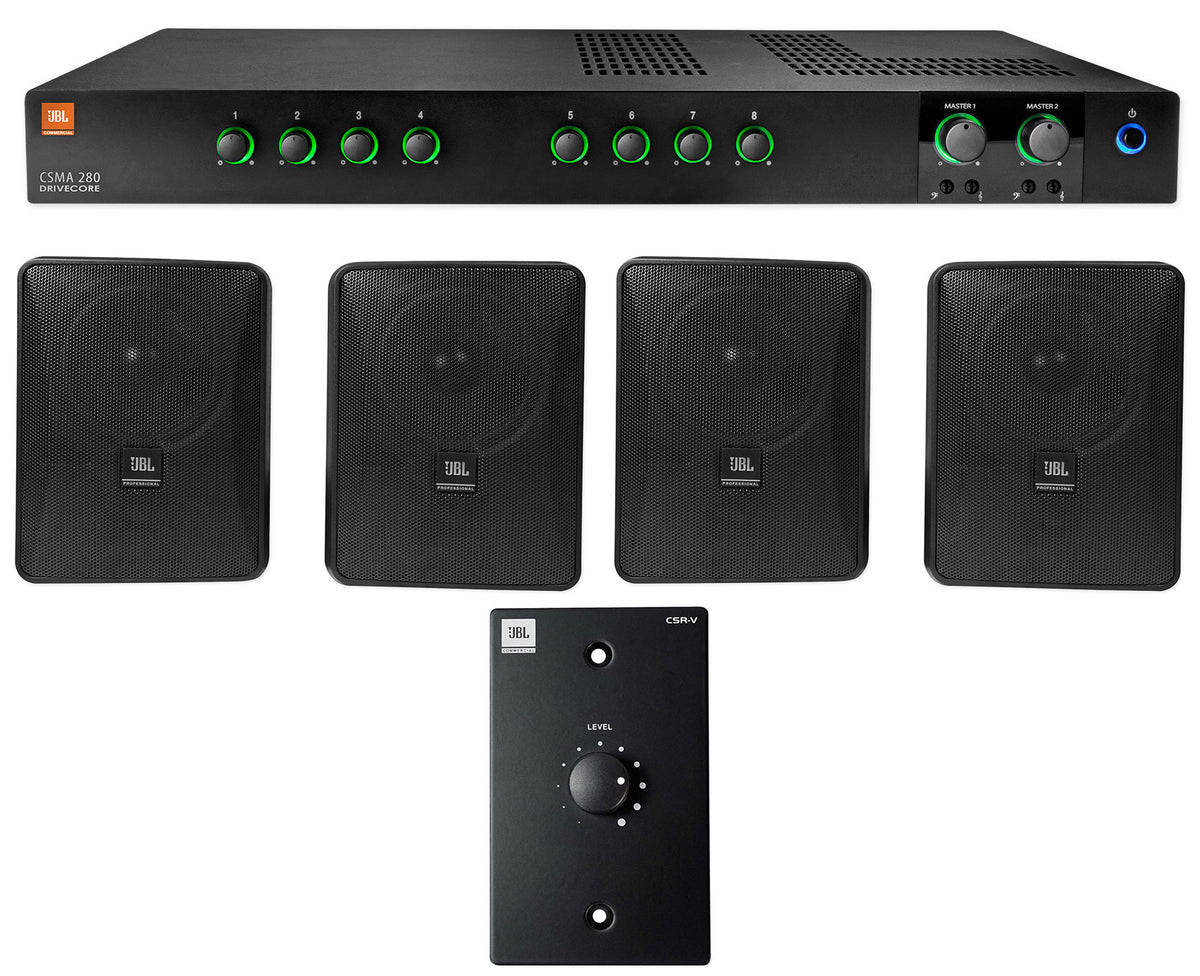 JBL CSMA280 Commercial Amplifier+(4) 6.5" Black Wall Speakers+Wall Controller