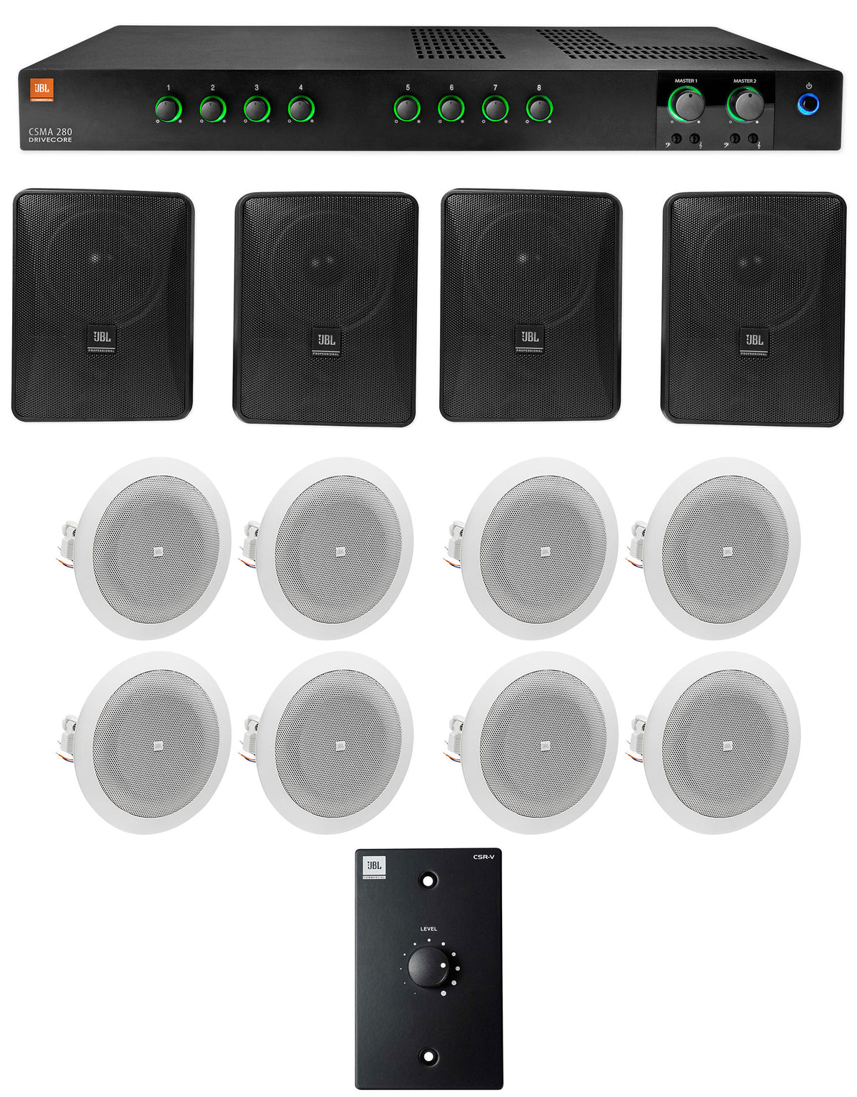 JBL Commercial Amplifier+4) 5.25" Black Wall+8) 4" Ceiing Speakers+Wall Control