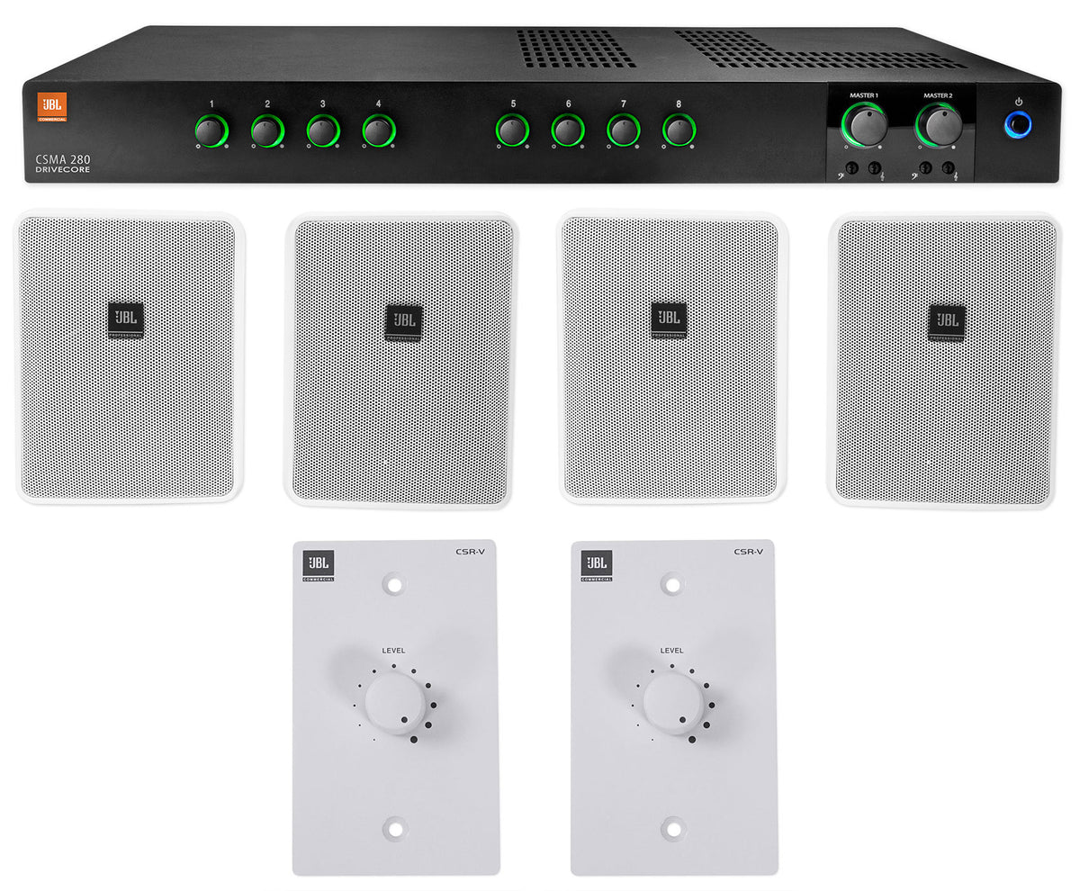 JBL CSMA280 Commercial Amplifier+(4) 6.5" White Wall Speakers+(2) Wall Controls