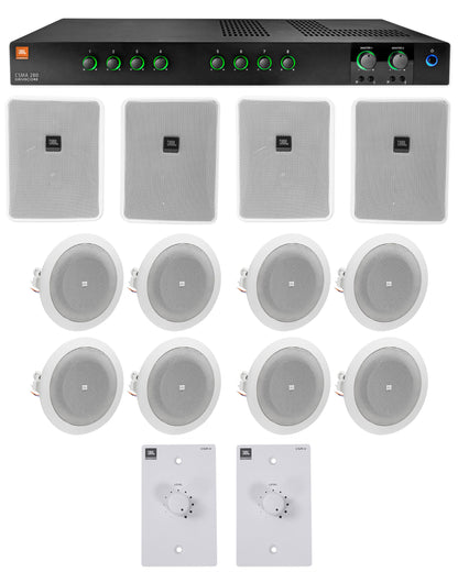 JBL Commercial Amplifier+4) 6.5" White Wall+8) 4" Ceiing Speakers+Wall Controls
