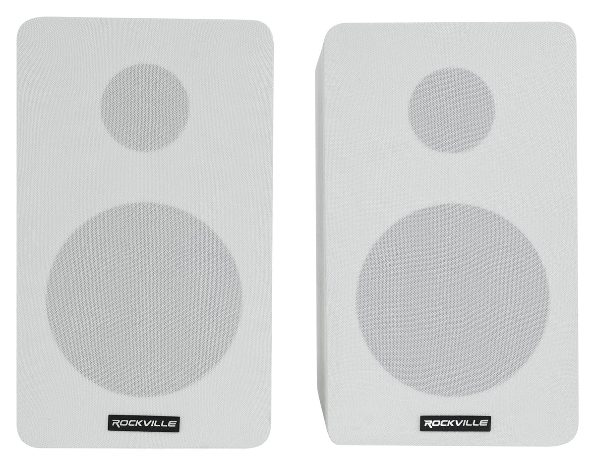 RockShelf 58W 5.25" Home Bookshelf Speakers+White Adjustable Stands