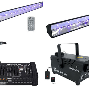 (2) American DJ ECO BAR UV LED Bar Black Lights w/Remotes+Fogger+DMX Controller