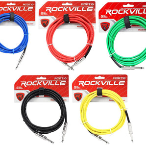 5 Rockville 10'  1/4" TS to 1/4'' TS Guitar/Instrument Cable (5 Colors)