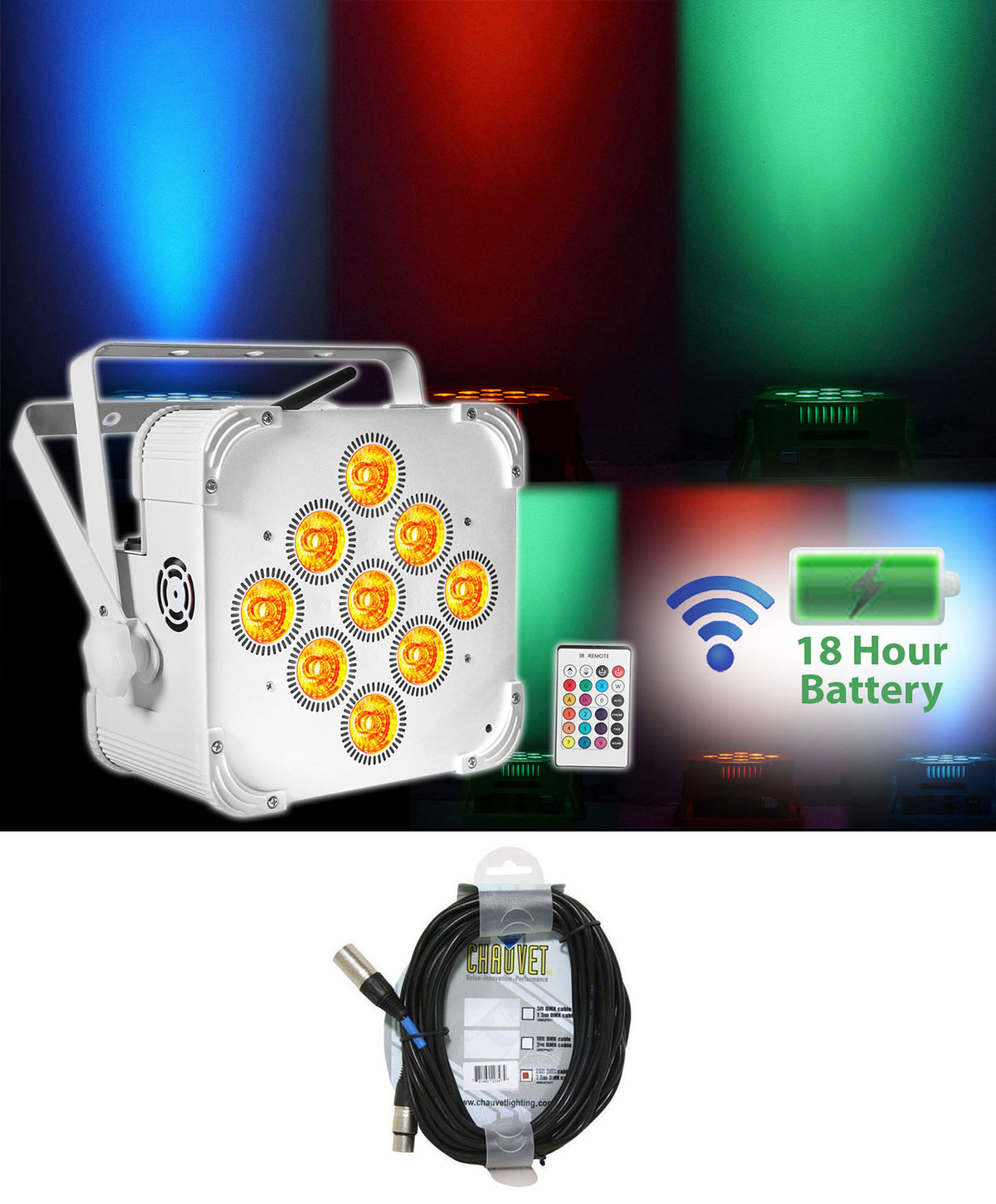 BEST PAR 60 White RGBWA+UV Battery Wireless Wash Par Light+DMX Cable