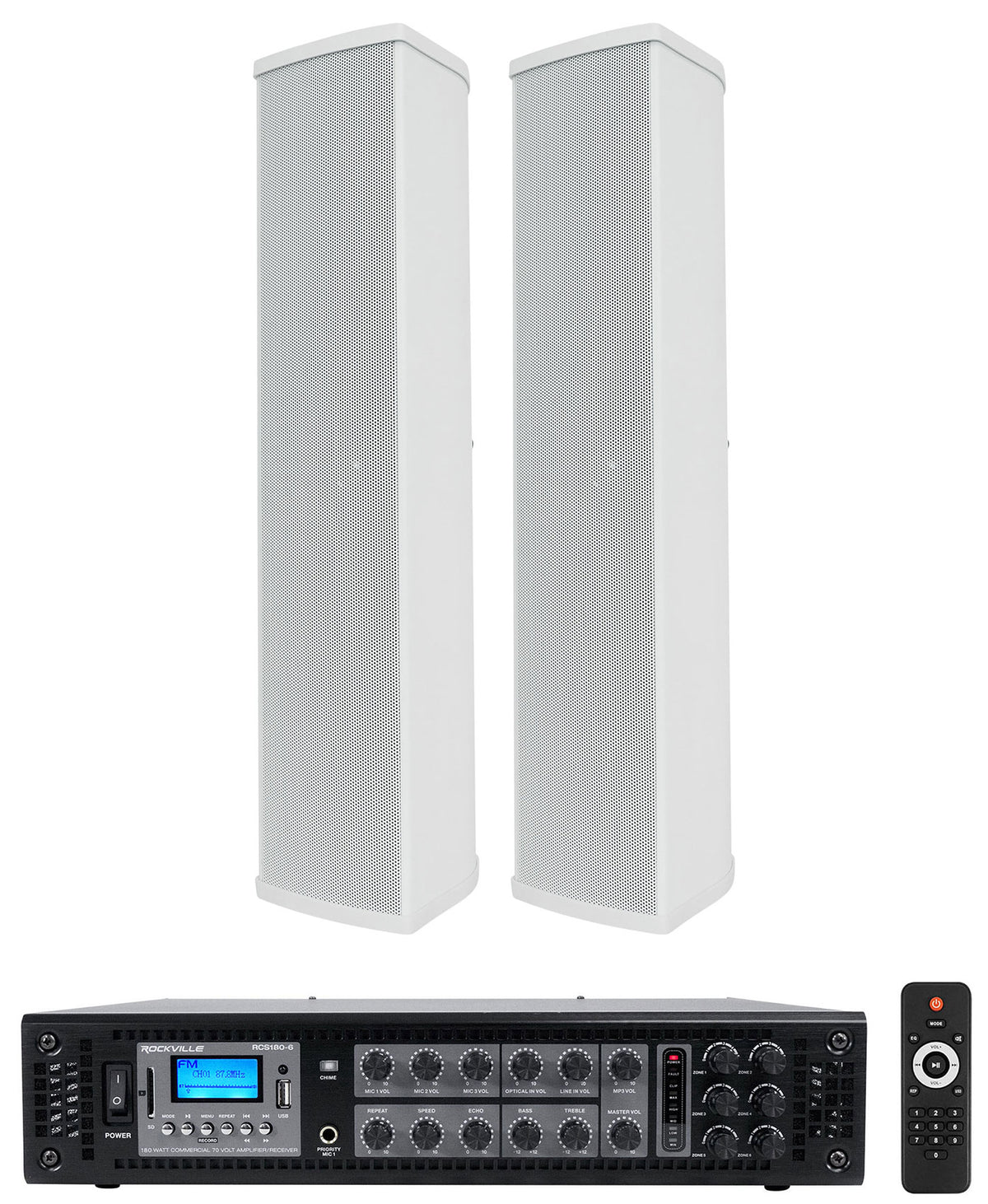 RCS180-6 70v Commercial Amplifier Amp+(2) Line Array Speakers in White