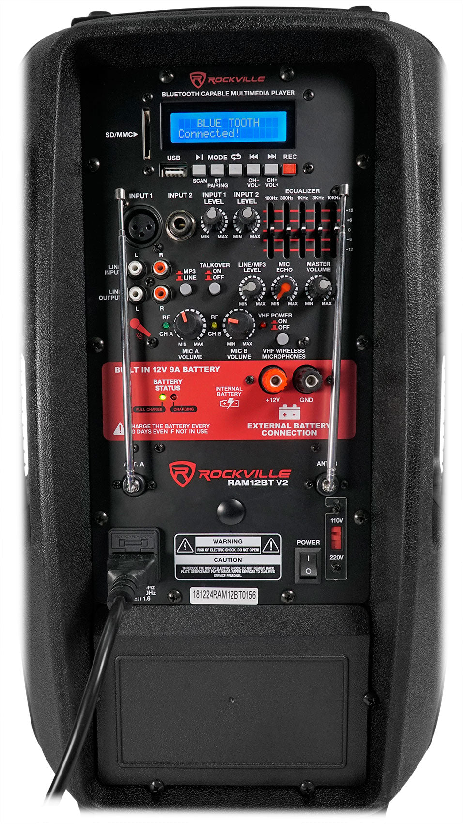 Rockville RAM12BT 12" Rechargeable Powered 600W DJ PA Speaker, 2 Mics, Bluetooth
