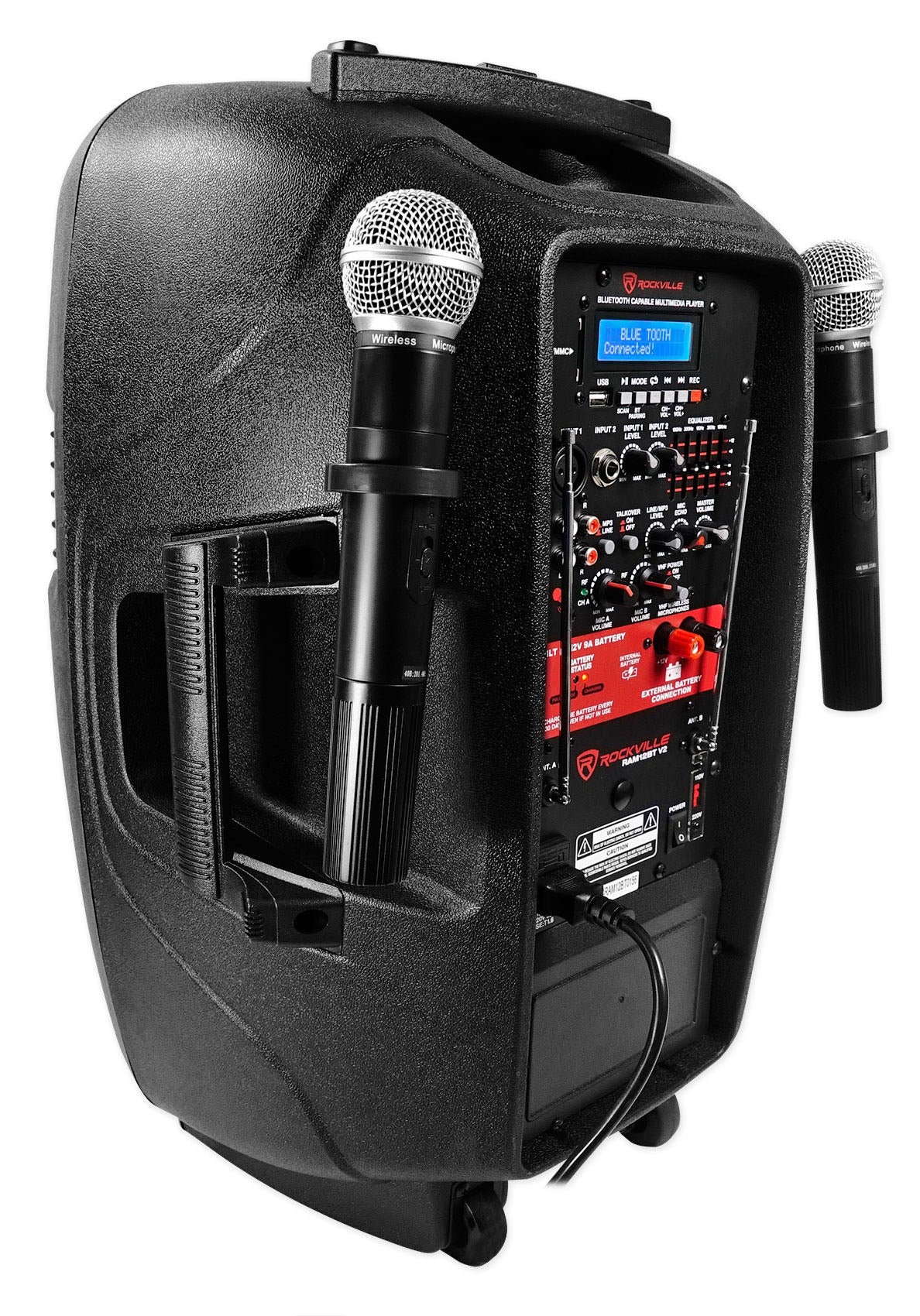 Rockville RAM12BT 12" Rechargeable Powered 600W DJ PA Speaker, 2 Mics, Bluetooth