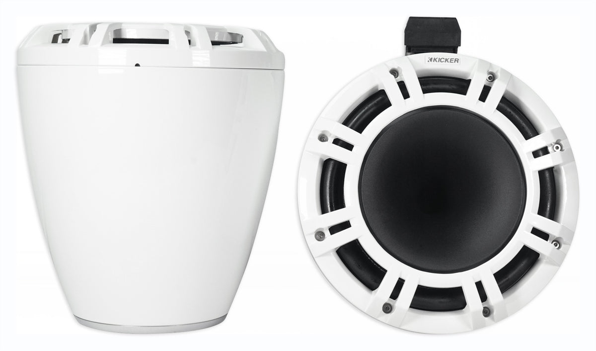 Pair Kicker KMTC9 HLCD 9" 600w White Wakeboard Tower LED Speakers w/Horns 44KMTC94W