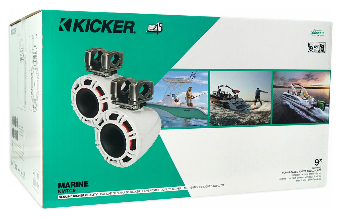 Pair Kicker KMTC9 HLCD 9" 600w White Wakeboard Tower LED Speakers w/Horns 44KMTC94W