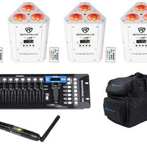 4) Rockville RockWedge LED White Rechargeable Wireless DMX Lights+Controller+Bag