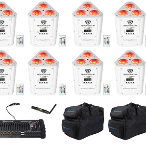 8) Rockville RockWedge LED White Rechargeable Wireless DMX Lights+Controller+Bag