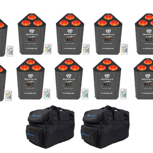10 Rockville RockWedge LED RGBWA+UV Rechargeable Battery Wireless DMX Lights+Bag
