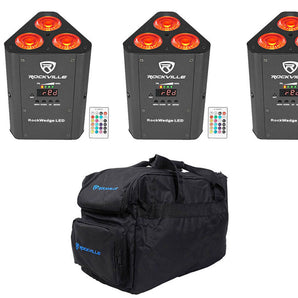 4) Rockville RockWedge LED RGBWA+UV Rechargeable Battery Wireless DMX Lights+Bag