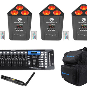 4) Rockville RockWedge LED RGBWA+UV Rechargeable Wireless DMX Lights+Control+Bag