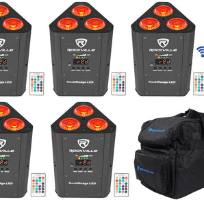 5) Rockville RockWedge LED RGBWA+UV Rechargeable Battery Wireless DMX Lights+Bag