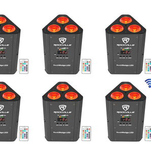 (6) Rockville RockWedge LED RGBWA+UV Rechargeable Wireless DMX DJ Par Up-Lights