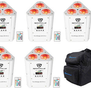 (5) Rockville RockWedge LED White RGBWA+UV Rechargeable Wireless DMX Lights+Bag