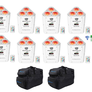 (8) Rockville RockWedge LED White RGBWA+UV Rechargeable Wireless DMX Lights+Bag